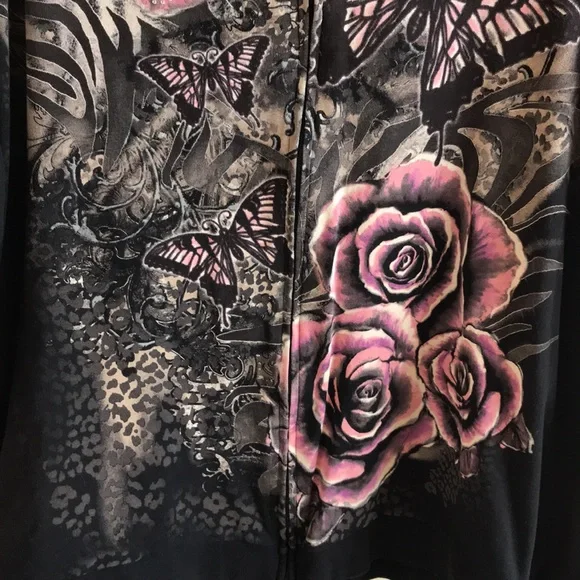 Essentials Sz 4X hoodie zip front Y2K graphic roses Butterflies crystals black - Picture 6 of 14